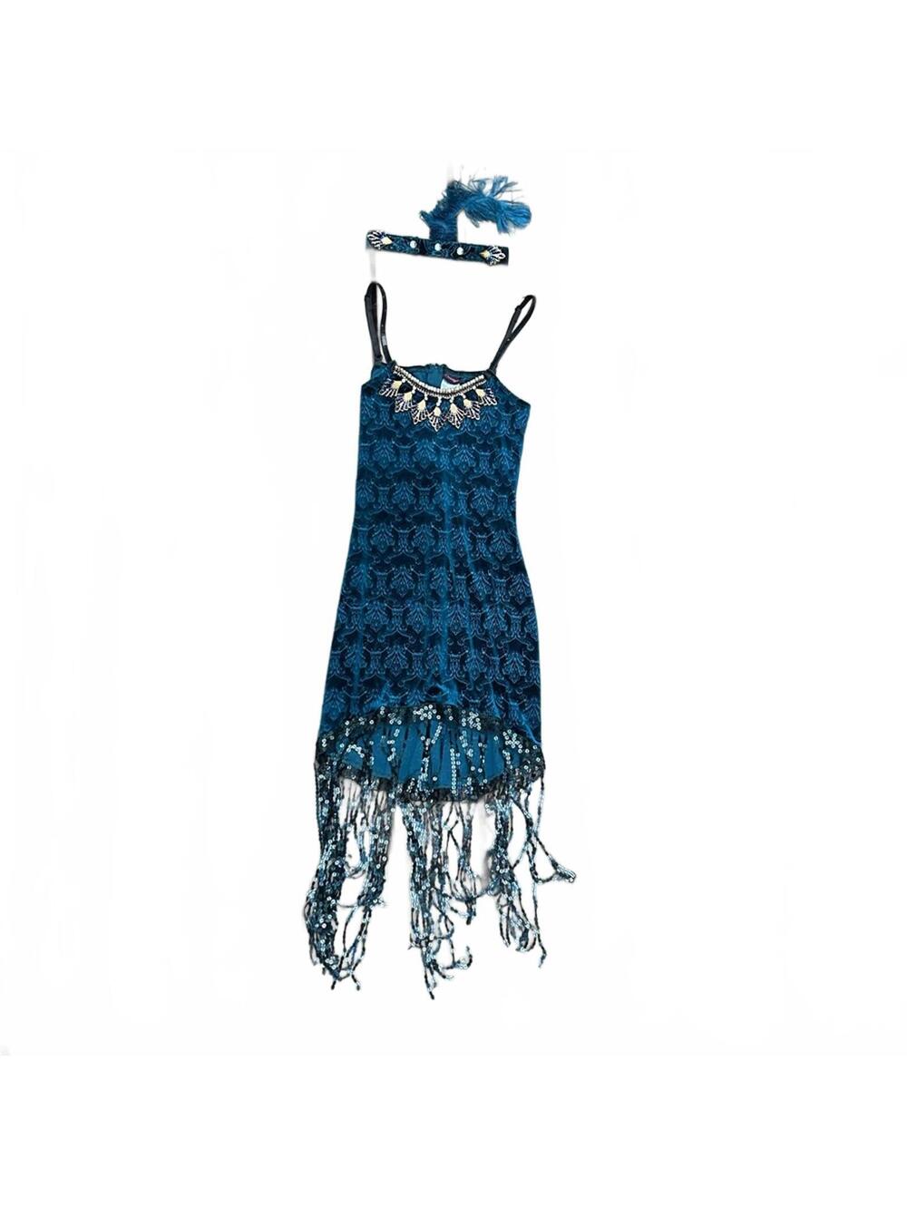 DreamGirl Flapper Teal Costume with Feather and Gemstone Headpiece | Size Small